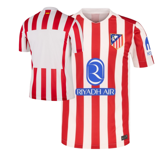 Atletico de Madrid 2025/26 home football jersey front view with club crest and stripe detailing