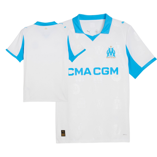 Olympique Marseille 2025/26 home football jersey front view with club crest and kit detailing