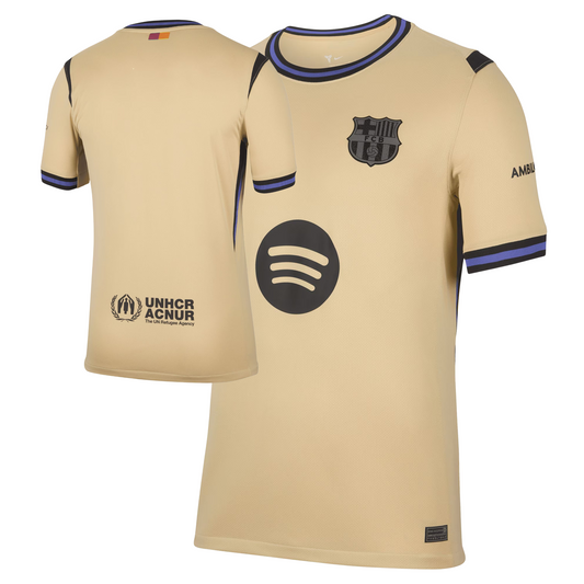 Barcelona 2025/26 away football jersey front view with club crest and kit detailing