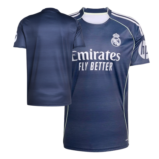 Real Madrid 2025/26 away football jersey front view with club crest and kit detailing