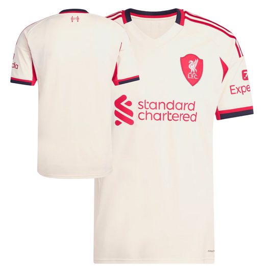 Liverpool 2025/26 away football jersey front view with club crest and kit detailing
