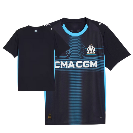 Olympique Marseille 2025/26 away football jersey front view with club crest and kit detailing