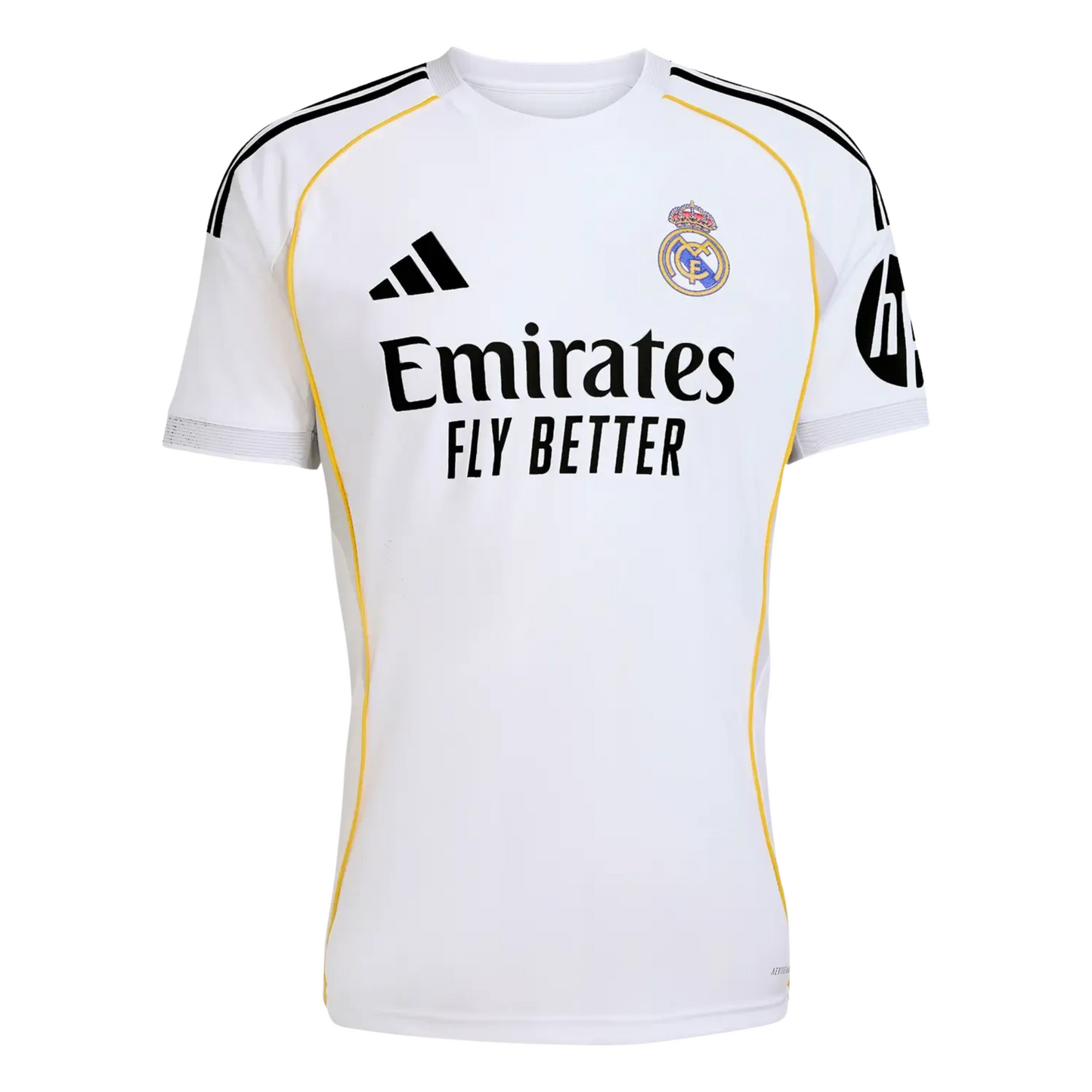 Real Madrid 2025/26 home football jersey front view with club crest and trim detail