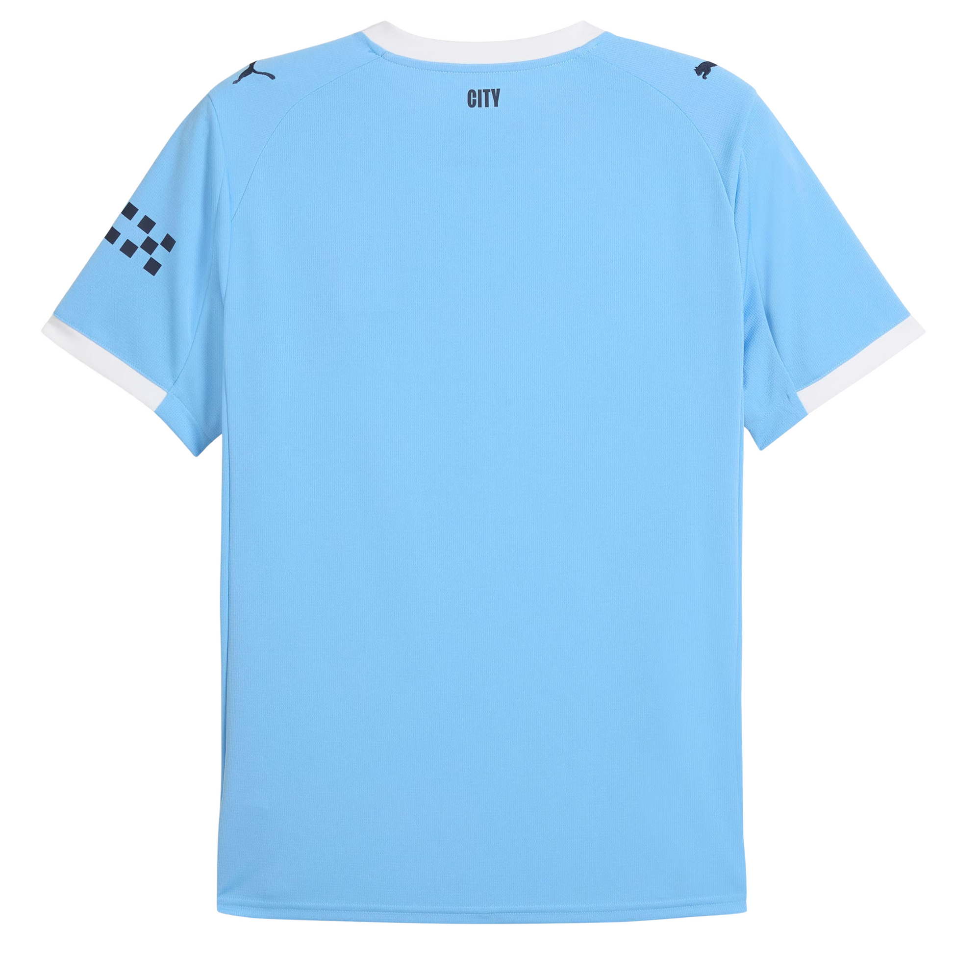 Manchester City 2025/26 home Puma football jersey back view in sky blue showing collar detail and name-set panel