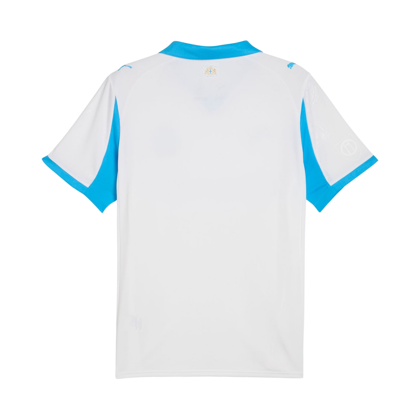 Olympique Marseille 2025/26 home football jersey back view with collar detail and name-set panel