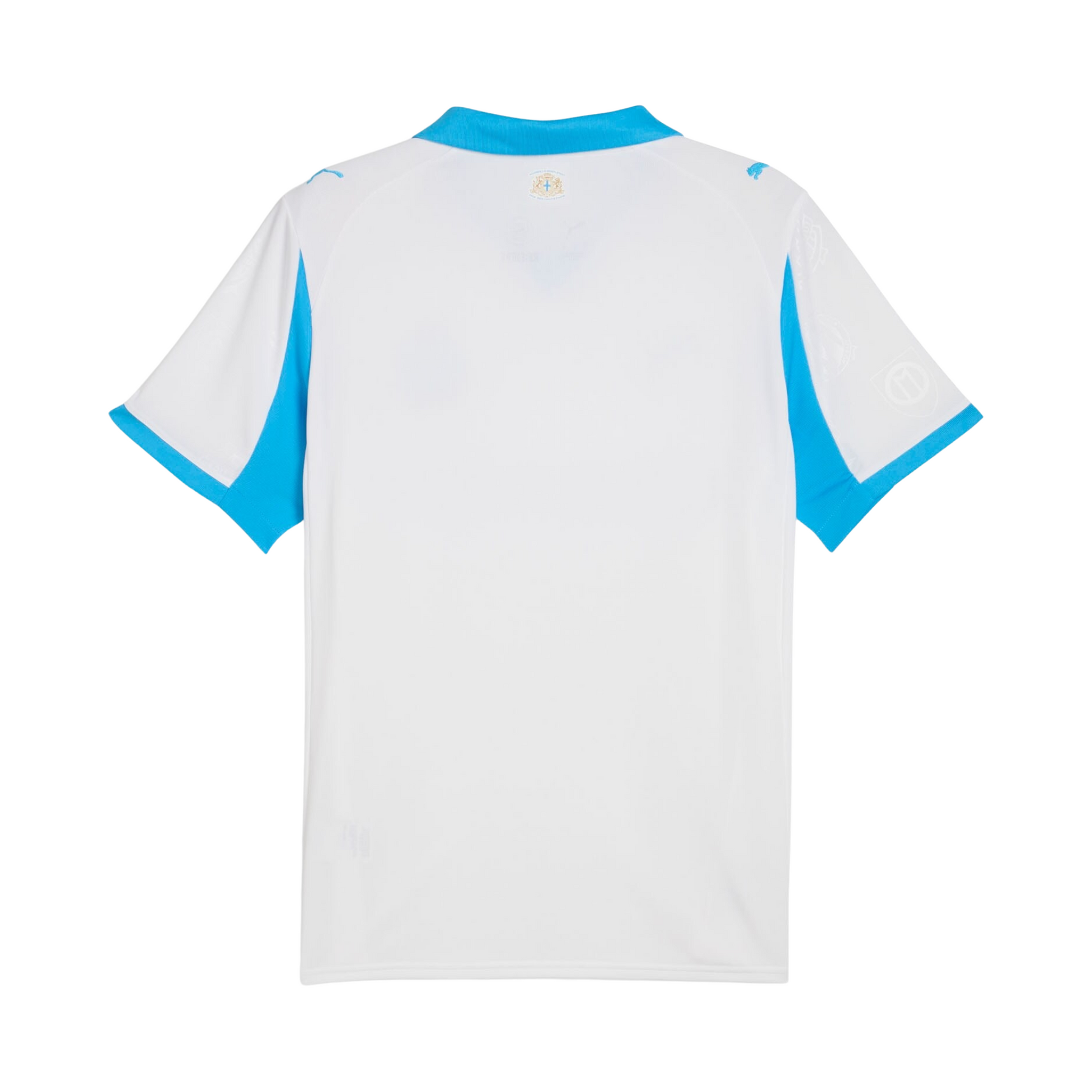 Olympique Marseille 2025/26 home football jersey back view with collar detail and name-set panel