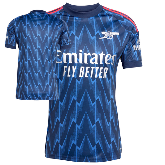 Arsenal 2025/26 away football jersey front view with club crest and trim detail