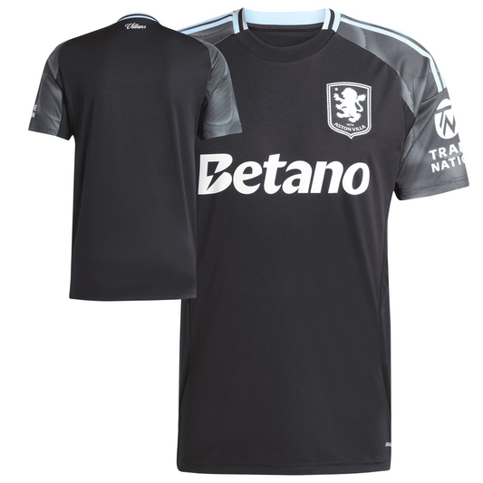 Aston Villa 2025/26 away football jersey front view with club crest and trim detail