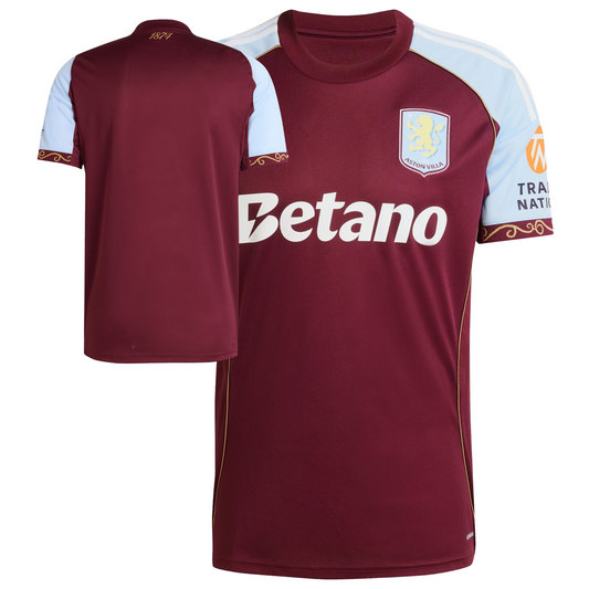Aston Villa 2025/26 home football jersey front view with club crest and kit detailing