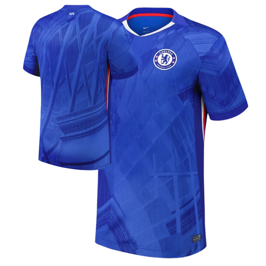 Chelsea 2025/26 home football jersey front view with club crest and kit detailing