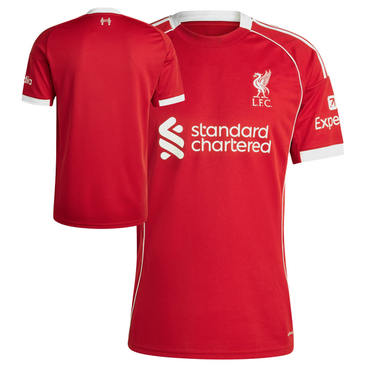 Liverpool 2025/26 home football jersey front view with club crest and red kit detailing