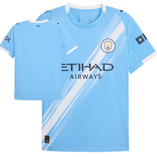Manchester City 2025/26 home football jersey by Puma front view in sky blue with Etihad sponsor and club crest