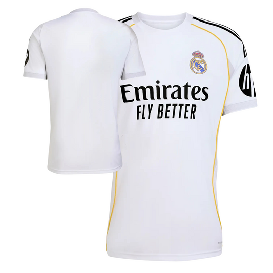 Real Madrid 2025/26 home football jersey front view with club crest and trim detail