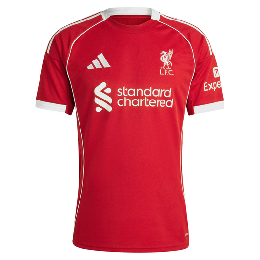 Liverpool 2025/26 home football jersey front view with club crest and red kit detailing