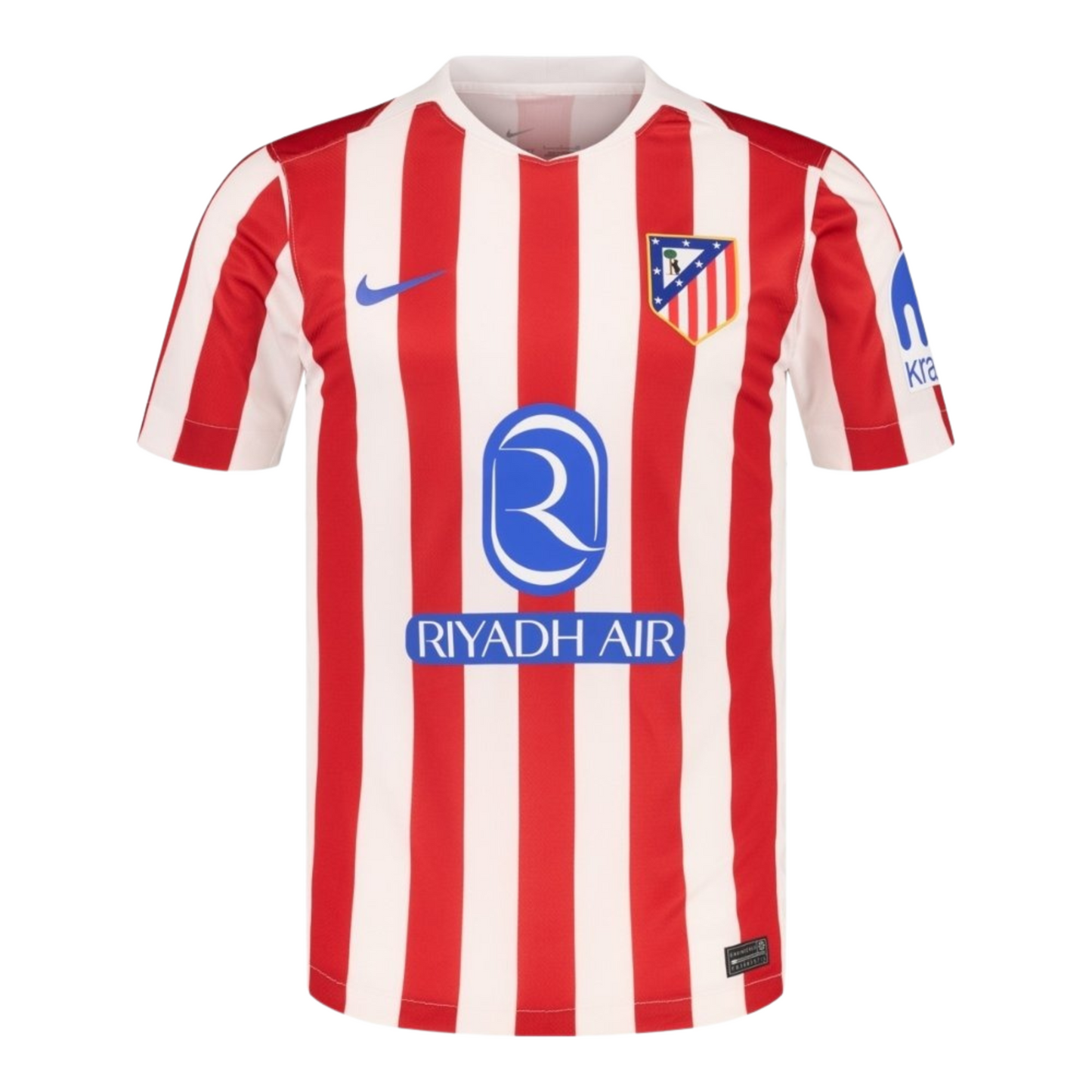 Atletico de Madrid 2025/26 home football jersey front view with club crest and stripe detailing