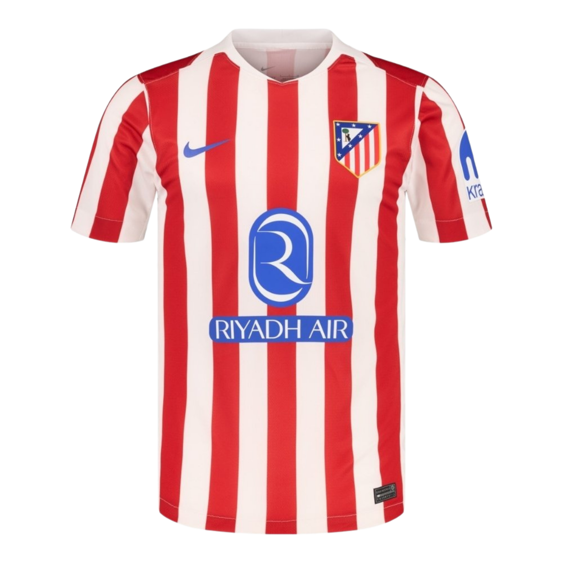 Atletico de Madrid 2025/26 home football jersey front view with club crest and stripe detailing