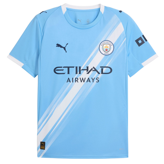 Manchester City 2025/26 home football jersey by Puma front view in sky blue with Etihad sponsor and club crest