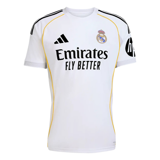 Real Madrid 2025/26 home football jersey front view with club crest and trim detail